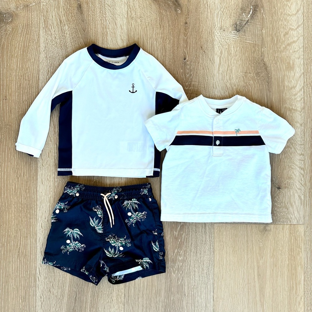 Janie & Jack swim trunks, rash guard and matching polo - 12-18